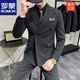 ROMON wide collar peaked lapel striped suit formal double slit wedding groom suit men's slim brown double-breasted suit + black shirt + vest + S suitable for 85-95 Jin Jin equals 0.5 kg