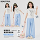 
Yoyo one (Yoyo one) girls set summer thin children 2025 new fashionable girls big children summer short-sleeved wide-leg pants two-piece set [two-piece set] 19060 white + 15277 blue 130 130 cm