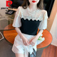 皮尔卡丹（pierre cardin）夏季甜美荷叶重工钉珠蕾丝拼接泡泡气质百搭短袖上衣甜美上衣女 841今年流行的轻奢品牌 L 建议85-100斤