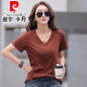 皮尔卡丹（pierre cardin）时尚休闲v领纯棉正肩短袖T恤女夏季韩版新款宽松黑色短袖薄款体恤 酒红色纯棉9855 S 85-95斤