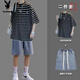 Traje de manga corta a rayas Playboy ropa de verano para hombres y ropa hermosa con camiseta de moda pantalones cortos de mezclilla set 9226 blanco + 147 pantalones cortos de mezclilla azul 2XL 2XL