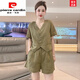 皮尔卡丹（pierre cardin）棉麻套装女夏季2025新款欧货休闲时尚时髦洋气宽松短袖短裤两件套 芥末绿 3XL 【建议140-160斤】