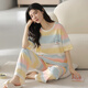 夏季女士短袖睡衣套装纯棉长裤家居服全棉可外穿夏天条纹卡通 Y9721 M (建议75-95斤)