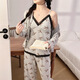 Buntes Edelstein Frühlings- und Herbstkoreaner Pyjamas Frauen-Drei-teiliger Set mit Brustpaddel, gepolstert Langarm-Hauskleidung My-r13803# schwarz (mit Brustpolster) 170 m