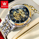 Olis Hollow Fashion Luminous wasserdichte Wachmarke Echt automatisch mechanische Uhr Vatertagsgeschenk für meinen Mann Steel Belt Full Schwarz