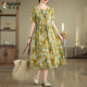 Vestido de algodón estampado de carpintero y lino de lino para mujeres Summer suelto de tamaño de cintura de tamaño de D para hacer lino casual y elegante estilo gris de longitud media XL recomendado 126-141Jin [Jin equivale a 0.5 kg]