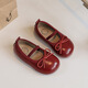 Ershanji 2025 Spring and Summer New Girls' Leather Shoes with Bow Knot Children's Shoes Little Girls Princess Shoes Soft Sole Peas Shoes Shallow Mouth Single Shoes Bow Knot Leather Shoes Wine Red Size 32 Inner Length 19.2cm