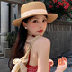 逸兼草帽女遮阳帽夏天度假风帽子海边太阳帽法式平顶大帽檐礼帽法式 草帽【凹顶卡其-米三折带】