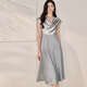 Roeyshouse Vestido azul claro de color gris claro 2025 Summer Nuevo elegante cuello balbuceante falda de dobladillo grande 12102 azul gris claro s