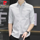 Pierre cardin summer ice silk quarter sleeve shirt men short-sleeved striped casual slim men's shirt trendy mid-sleeved top clothes single piece 682 white M