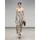 
COCOBELLA new Chinese style glitter chiffon bamboo printed strap dress Chinese style suspender skirt FR7027 silhouette gray M