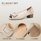 Couche de tête zhr chaussures célibataires de vache pour les femmes commut la bouche peu profonde talons épais pour les femmes, chaussures en cuir de bouche de poisson classiques km50e beige 37