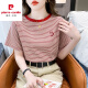 皮尔卡丹条纹短袖t恤女宽松韩版女装2025年夏季新款百搭圆领半袖上衣 红色 9928 S 建议80-95斤