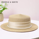 CHANEELR / KARITH top hat sunscreen straw hat women summer flat top versatile elegant pearl straw hat birthday niche gift for girlfriend wife beige
