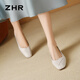 ZHR粗跟单鞋女经典拼接工作皮鞋通勤一脚蹬浅口女鞋软底AH673米色36