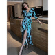 Sifer vacation style long skirt seaside vacation one-piece dress blue print retro wrap skirt slit lace 3291 purple S