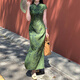 Yudingfu cheongsam Chinese style summer new Chinese style women's dress waist mid-length engagement toast dress mom green bottom printed half-sleeved cheongsam M 100-110Jin Jin is equal to 0.5 kg