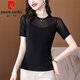 皮尔卡丹（pierre cardin）网纱打底衫女短袖t恤女2025新款夏季黑色妈l妈装小衫修身蕾丝上衣 黑色 A1585【短袖】 2XL
