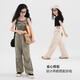 
Pitt children's work pants spring and autumn wide-leg pants for girls 2025 new outdoor paratrooper pants for girls large children sports quick-drying pants 15261 light khaki +15265 apricot color 170 cm