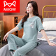 猫人（MiiOW）睡衣女夏季纯棉2025年新款短袖长裤家居服套装可外穿薄款全棉套装 7374豆绿 M 80 100斤
