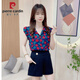 
Piercardan European and American retro shirt for women 2025 summer new fashion rose print ruffle sleeve design top blue print M