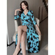 Sifer vacation style long skirt seaside vacation one-piece dress blue print retro wrap skirt slit lace 3291 purple S