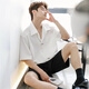 Poum Mode weißes weißes Kurzarmhemd Herren 2025 Sommer Neues lose trendy Hemd lässig halb Ärmel Top CSP-C983 Weiß 2xl (Empfohlen 150-170jin [Jin ist gleich 0,5 kg])