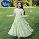 Disney girls' dress summer 2025 new fashionable children's chiffon floral skirt thin children's summer cotton skirt 6630 green + pearl headband Children's Day gift 120 cm