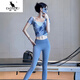 Kangaroo (DAISHU) yoga clothing set, high-end three-piece Pilates training clothing, Chinese style yoga clothing tops for women, beautiful fitness clothing, three-piece set, wind chime blue blouse + wind chime blue text L (108-118Jin Jin equals 0.5 kg)