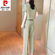 皮尔卡丹（pierre cardin）时尚套装女夏季2025新款洋气显瘦御姐圆领短袖衬衫直筒裤两件套女 12608-黑色套装 M 【建议80-95斤】