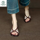 Woodpecker genuine leather hand-woven color-blocked fish mouth sandals for women 2025 summer new style French retro low heel thick heel fashion sandals brown 37