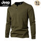 JEEP SPIRIT 300g heavy cotton large size slim henley collar long-sleeved T-shirt men's spring and autumn solid color sports fitness T-shirt military green XL