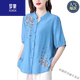 罗蒙（ROMON）夏季中袖棉麻上衣女新款国风刺绣女士衬衫妈妈装宽松亚麻小衫 高档品牌蓝色-694+女装十大品牌 M 【约108斤内】