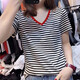 Gtyuwvg reines Baumwollwesen V-Ausschnitt mit kurzer Ärmel T-Shirt für Frauen 2025 neue europäische Waren Schulter Hühnchen Herzkragen gestreiftes Druck T-Shirt Top Trend 6223 Schwarz-Weiß-Streifen V-Ausschnitt S