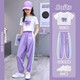Little Hanlu Girls Summer New Sports Set Trendy Short Sleee Lose Dünner Sommeranzug 16012 Lila + 9889 Weiß 120 cm