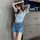 Eindkad raspados pantalones cortos de mezclilla para mujeres nuevos coreanos chic coreano gran tamaño grasa mm de cintura ancha ancha pantalones calientes de línea avellana azul claro 9767 s [90-100Jin [Jin es igual a 0,5 kg]]]