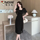 Woodpecker New Chinese Improved Cheongsam Skirt Women's Retro Patch-button Jacquard Dress Summer Square Collar Puff Sleeve Slit Hip Skirt 983-2 Long Black M