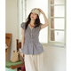 
Mystery lace lace short-sleeved shirt for women 2025 summer new bow tie puff sleeve shirt waist top trendy blue grid S