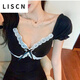 LISCN小黑裙女夏赫本风连衣裙气质小个子蕾丝拼接纯欲v领性感夜店裙子 黑色 L