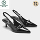 Woodpecker 2025 Été Nouveau chaton de cuir breveté noir Sandales à talons Sandales Toe Talon Slim Chaussures simples Points Talons hauts pour les femmes Black (3,5 cm) 9272 34