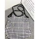 稻草人（MEXICAN）包包女2024新款文艺黑白格子手提单肩包清爽夏日帆布水桶包腋下包 黑色