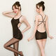 Sexy Perspektive Pajamas verführerische Flirtung heißer Hosenträger Rock auf dem Bett leidenschaftliche Mitternacht Charming Woman 9794 Sexy Rückenless Rock Schwarz + Gib -Schritt -Trikothosen alle Größen