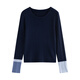 Chuyu Knitwear Women's 2025 Autumn New Contrast Color Splicing Sleeves Slimming Pit Strips Wool Soft Waxy Top Dark Blue L