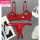 Modal small breasts show big French style steel ring push-up hollow bra sentimental underwear showing breasts bra bra set red L is too large for 85ABC