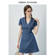 
VEGA CHANG denim dress for women 2025 new summer small V-neck lace lace slim vacation style waist-hugging skirt Bay blue (short style) L