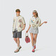 Instant Monterest x Quiksilver Co-Branded Printed Seaside Urlaub Freizeit Lose Kurzarmblumenhemd Beige M.