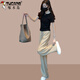 Atuendo de verano de carpintero con un conjunto completo de camisetas delgadas fritas en la calle, pantalones de patas anchas de seda de hielo, juego de dos piezas para mujeres, pantalones negros m (recomendado 100 Jin [Jin iguala 0.5 kg])