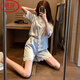 Langsha Seidenpyjamas für Frauen im Sommer Dünne Spitze sexy High-End-Kurzärärmel-Internet-Promi-Stil Seiden zweiteiler Set 6182 Butterfly L.