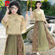 
Pier Cardin summer new Chinese style oriental classical Chinese style jacquard slanted lace temperament stand collar button top spliced ​​skirt suit 1043 green + 12161 brown S