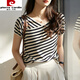 Pierre cardin French striped short-sleeved T-shirt for women in summer 2025 new loose slim v-neck thin knitted ice silk top DX829# striped color M Recommended 100-115Jin [Jin equals 0.5 kg]